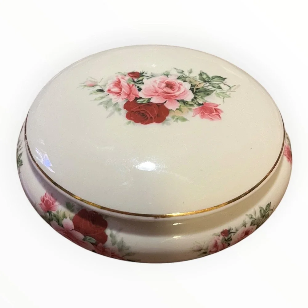 Formalities by Baum Bros Porcelain Rose Trinket Box Round Floral Jewelry Dish